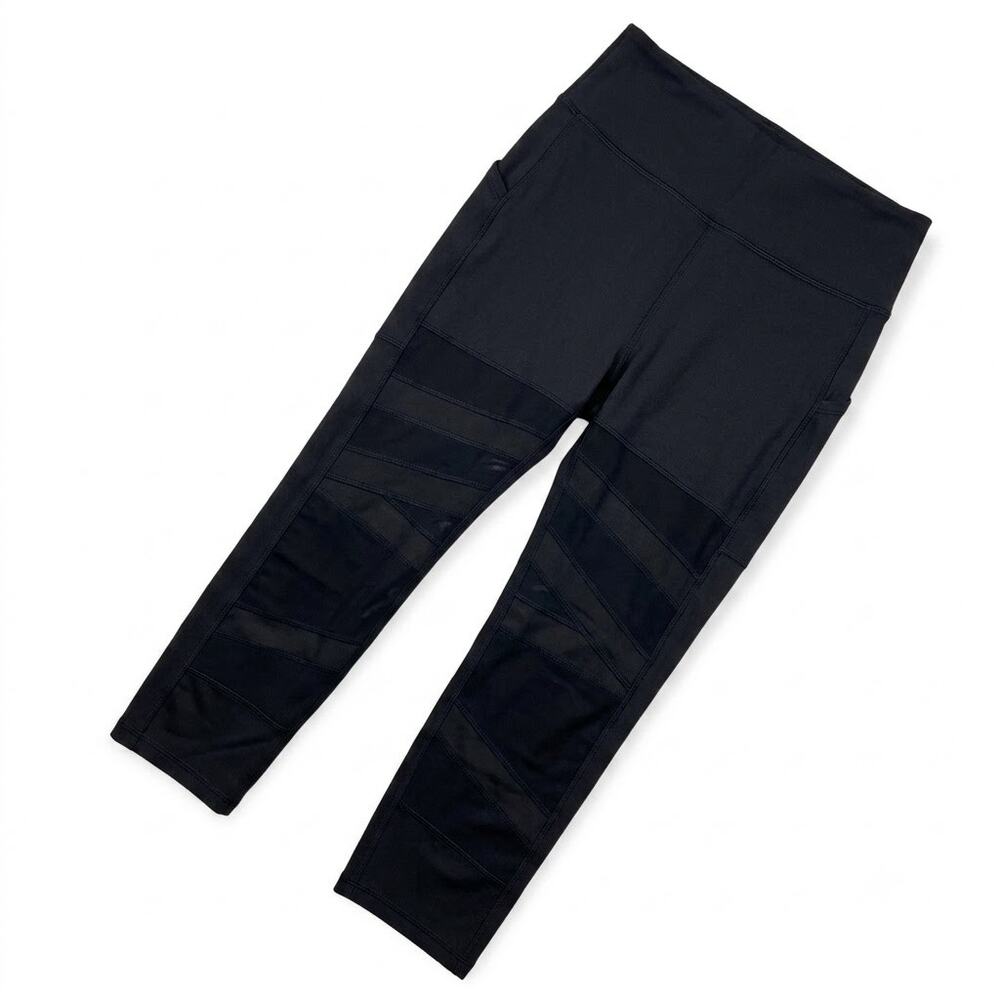 POP FIT Ava Mesh Striped Cropped Capri Workout Leggings Black Womens XS